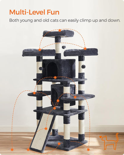 67 Inches Multi-Level Cat Tree for Large Cats, with Cozy Perches, Stable, Smoky Gray UPCT18G