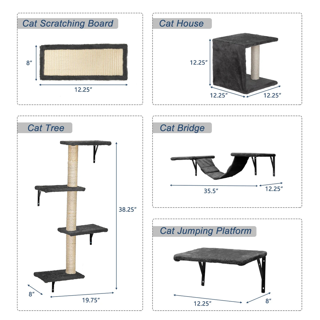 Cat Wall Shelves and Perches Set of 5, Indoor Cat Condo for Sleeping Playing Lounging Climbing Cat Tree House, Gray