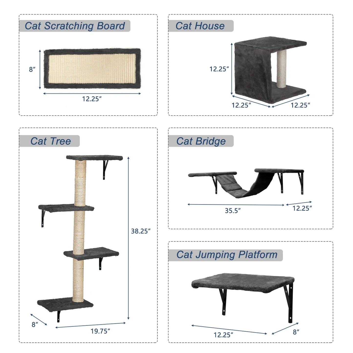 Cat Wall Shelves and Perches Set of 5, Indoor Cat Condo for Sleeping Playing Lounging Climbing Cat Tree House, Gray