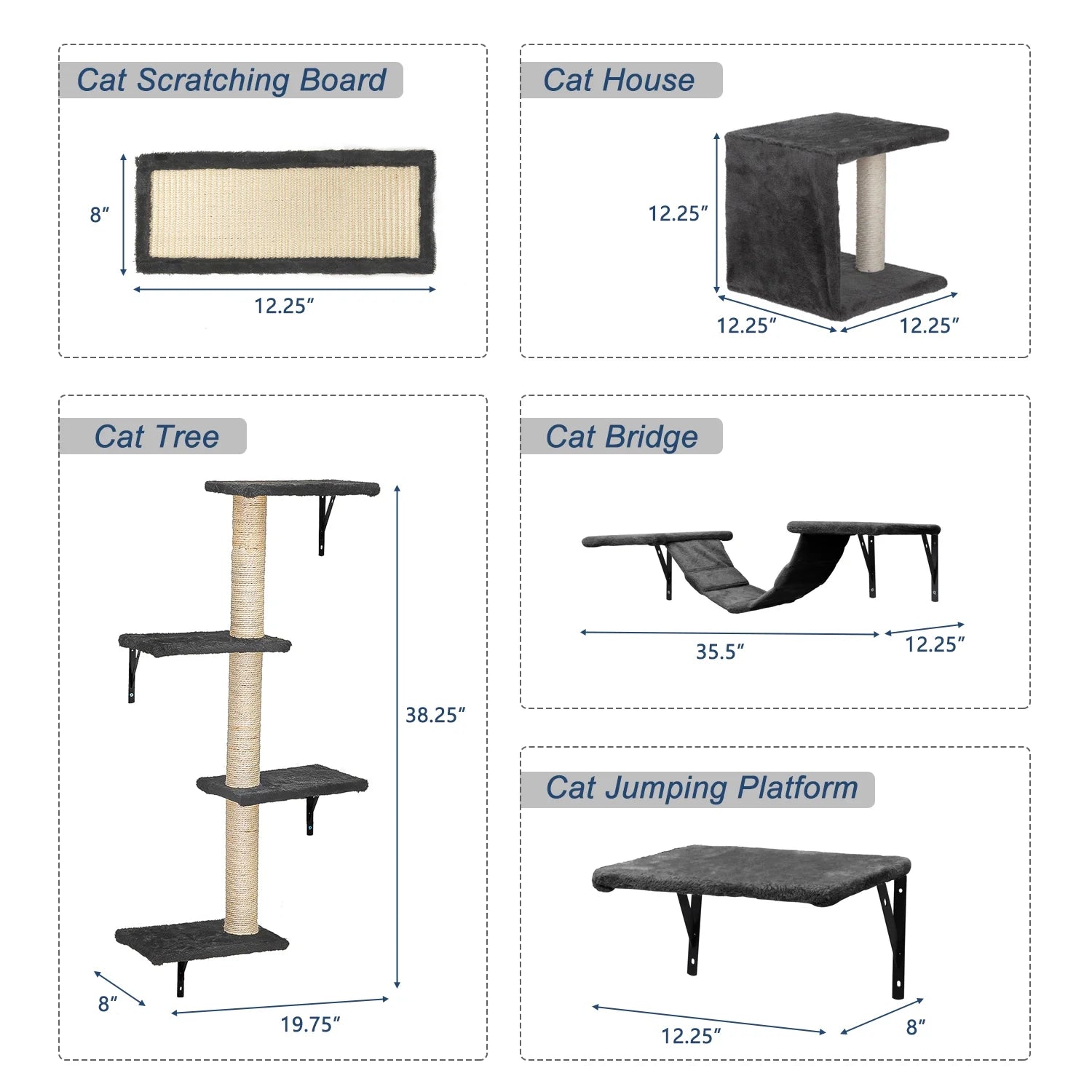 Cat Wall Shelves and Perches Set of 5, Indoor Cat Condo for Sleeping Playing Lounging Climbing Cat Tree House, Gray