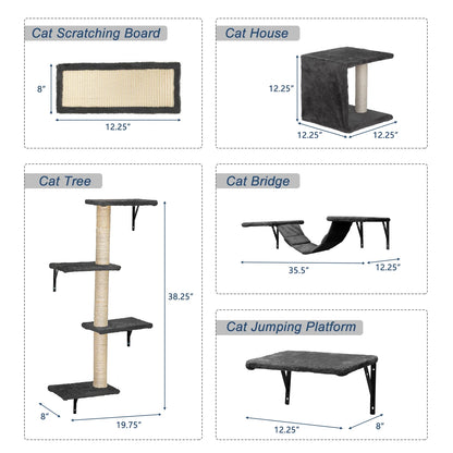 Cat Wall Shelves and Perches Set of 5, Indoor Cat Condo for Sleeping Playing Lounging Climbing Cat Tree House, Gray