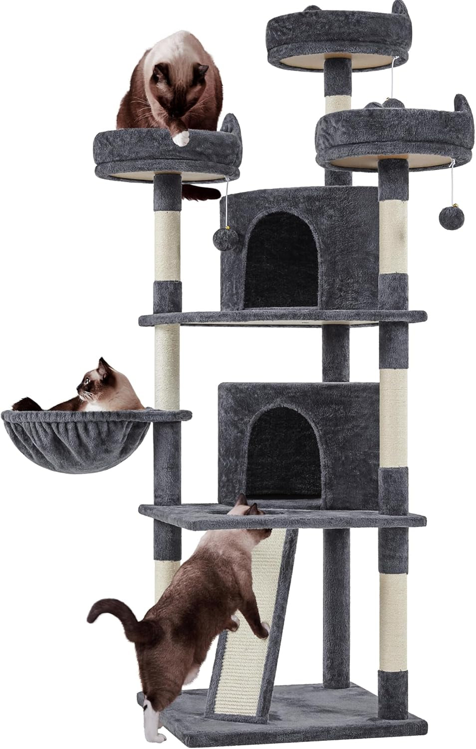 68.5In Cat Tree for Large Cats, Multi-Level Cat Tower with 3 Wide Perches, Large Condo, Stable Pet Play House W/Sisal-Covered Scratching Posts & Board, Dark Gray