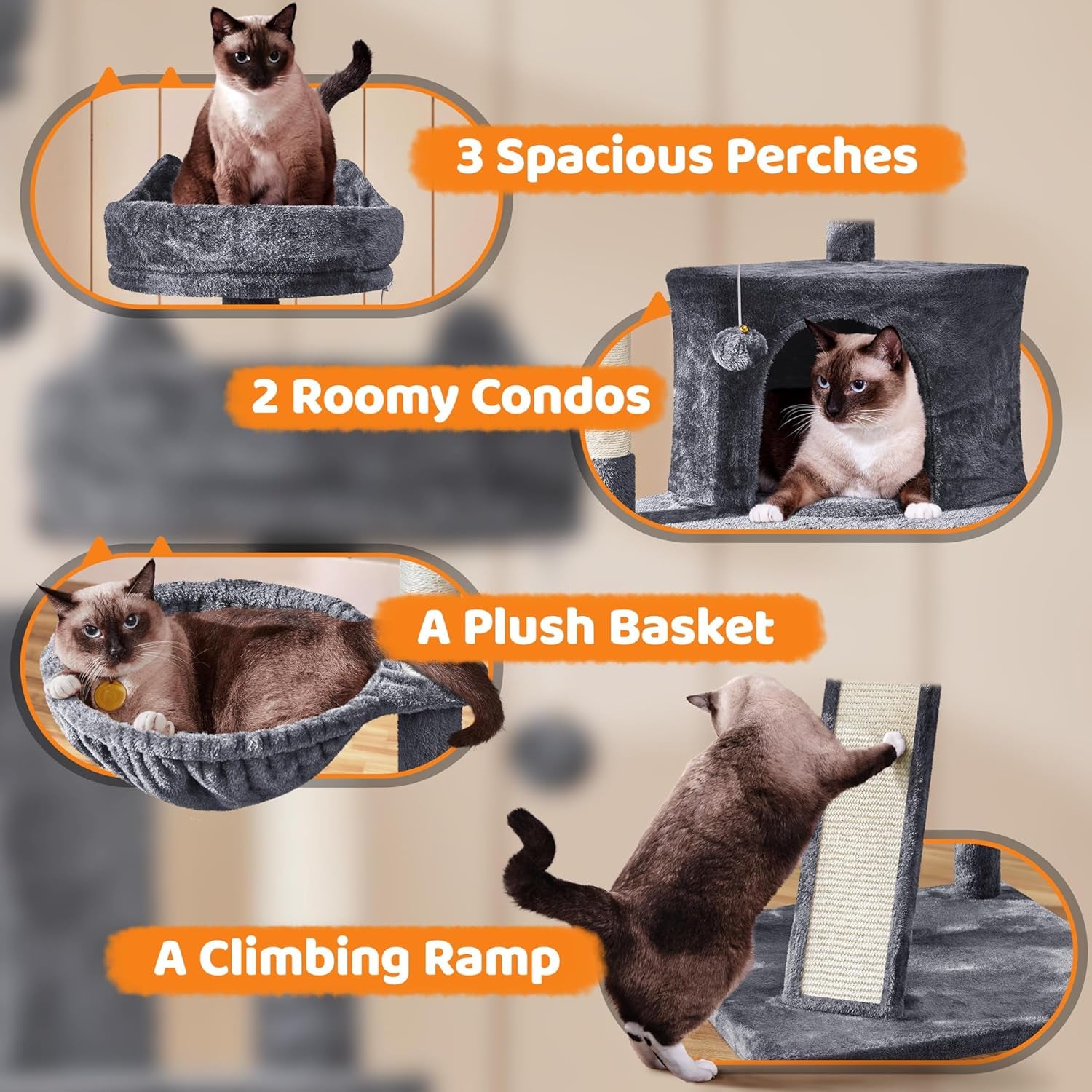 68.5In Cat Tree for Large Cats, Multi-Level Cat Tower with 3 Wide Perches, Large Condo, Stable Pet Play House W/Sisal-Covered Scratching Posts & Board, Dark Gray