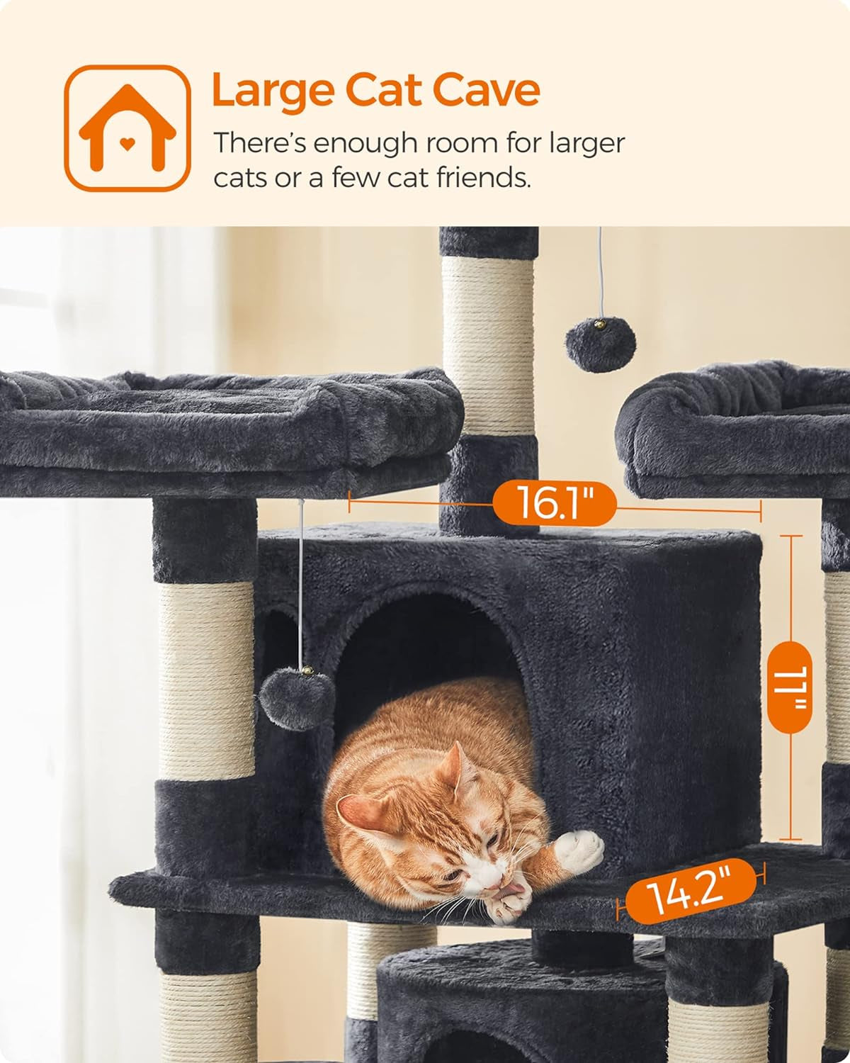 67 Inches Multi-Level Cat Tree for Large Cats, with Cozy Perches, Stable, Smoky Gray UPCT18G
