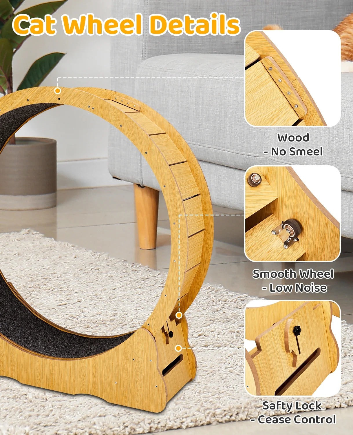 Cat Exercise Wheel for Indoor Cats,40" Large Cat Running Treadmill Wheel with Carpeted Runway for Kitty’S Longer Life,Natural Wood Color