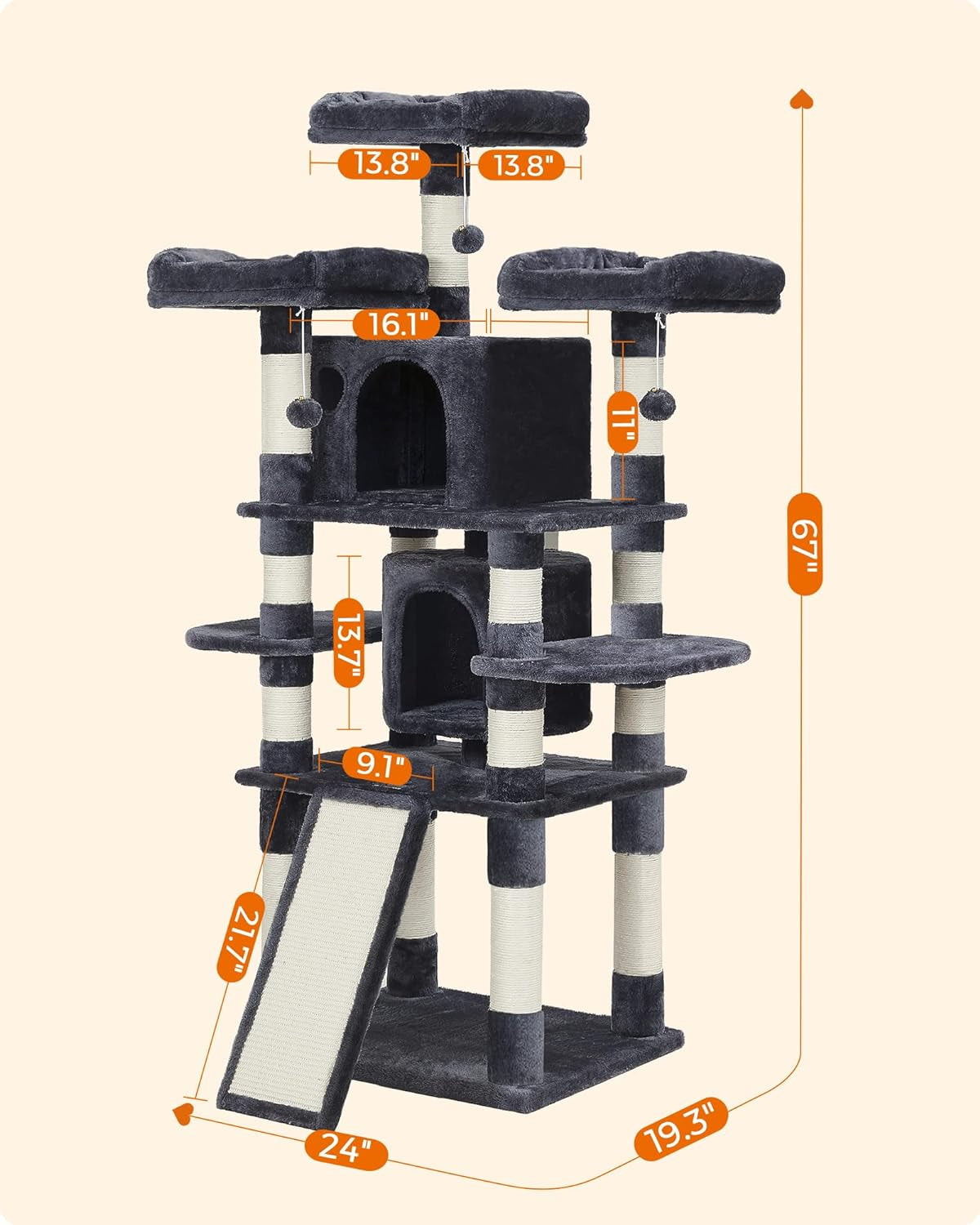 67 Inches Multi-Level Cat Tree for Large Cats, with Cozy Perches, Stable, Smoky Gray UPCT18G