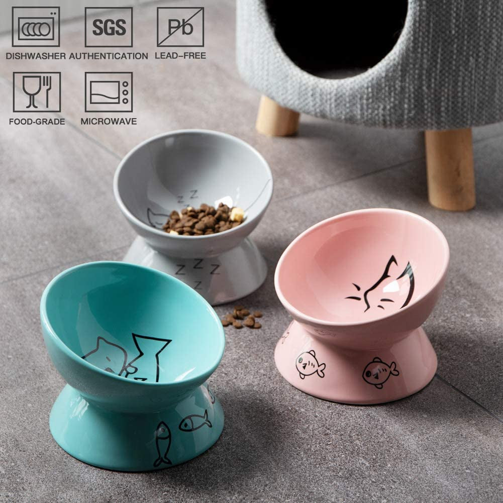 Ceramic Raised Cat Bowls, Slanted Cat Dish Food or Water Bowls, Elevated Porcelain Pet Feeder Bowl Protect Cat'S Spine, Stress Free, Backflow Prevention(Pink)