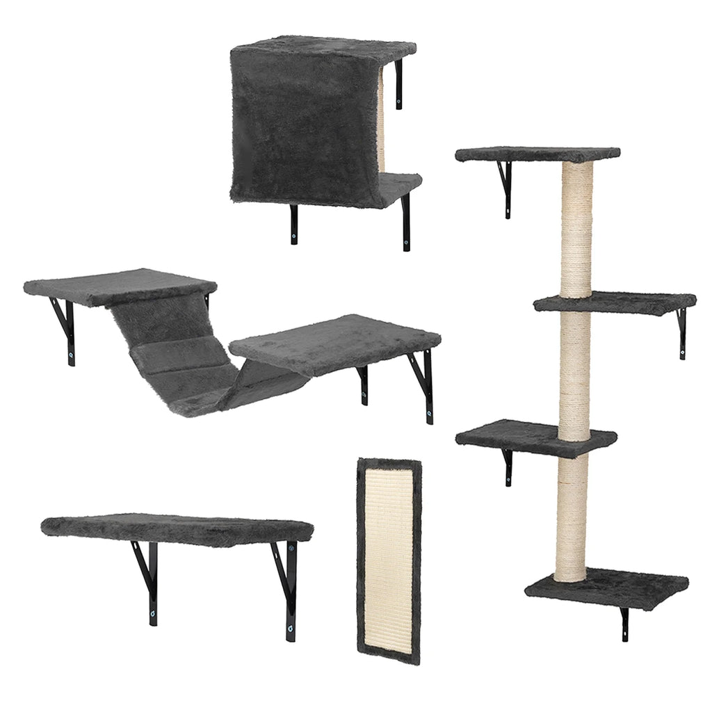 Cat Wall Shelves and Perches Set of 5, Indoor Cat Condo for Sleeping Playing Lounging Climbing Cat Tree House, Gray