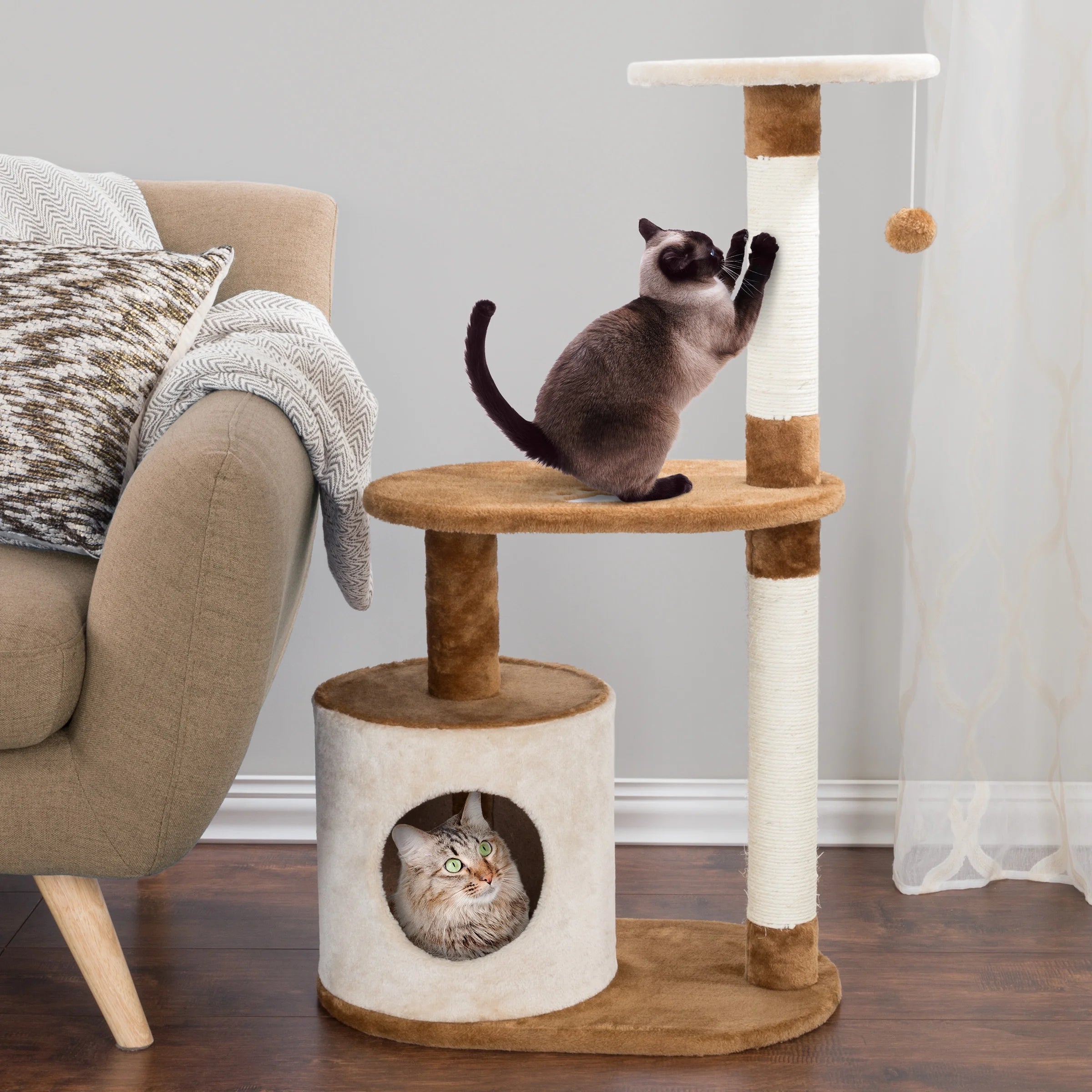 3-Tier Cat Tree with Napping Perches and Scratching Posts (Brown)