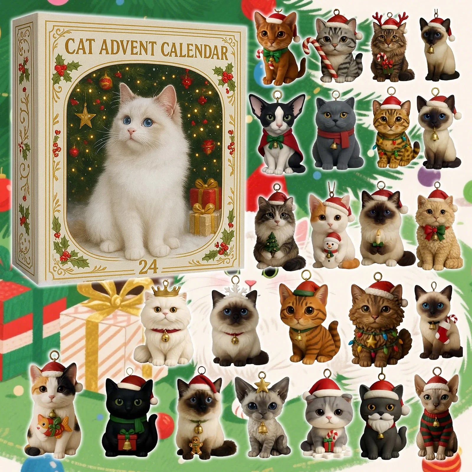 Cat Lovers Advent Calendar 2025, 24 Days Christmas Countdown with 24 Popular Cat Breeds, 2D Acrylic Cat Ornaments, Holiday Gift for Cat Enthusiasts & Collectors