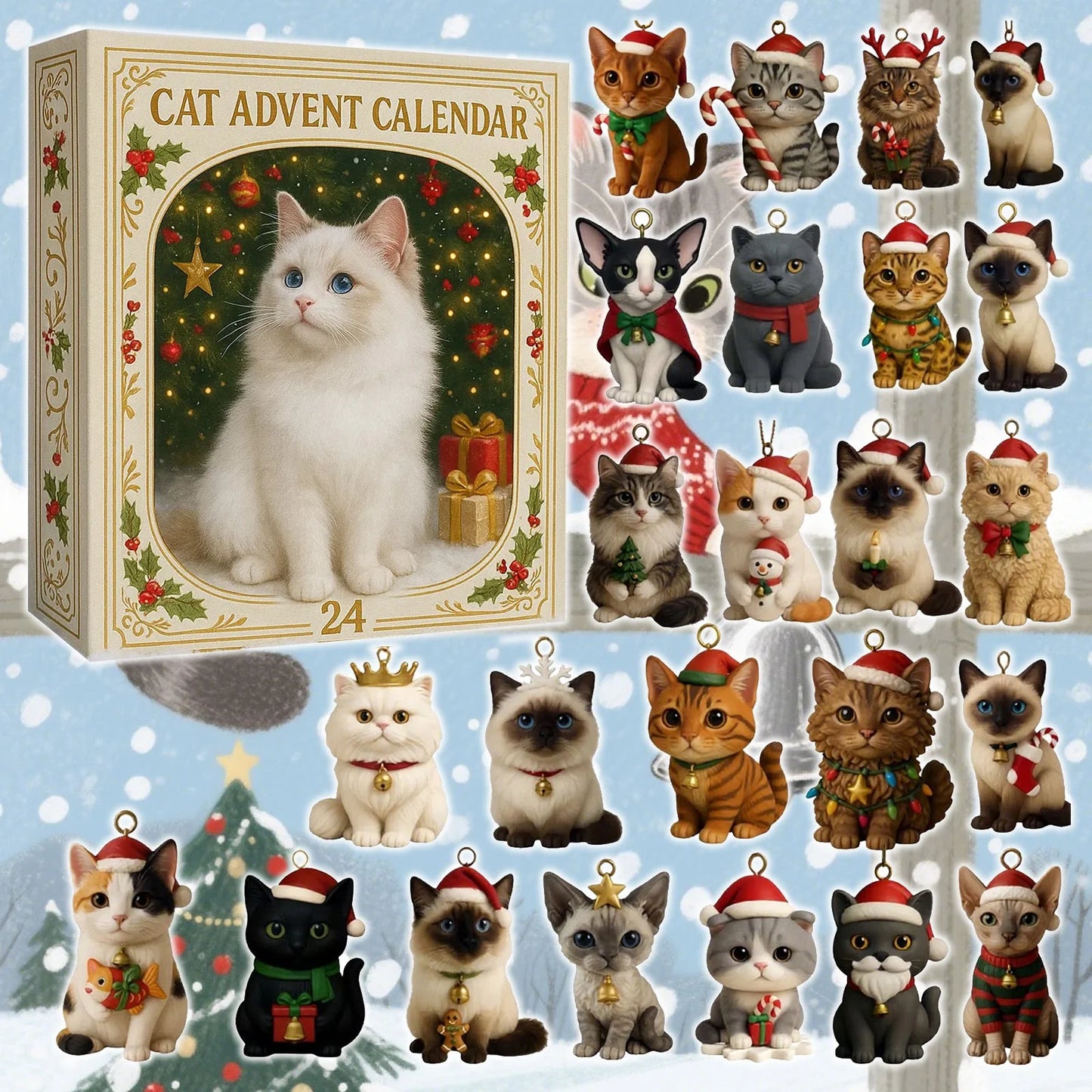 Cat Lovers Advent Calendar 2025, 24 Days Christmas Countdown with 24 Popular Cat Breeds, 2D Acrylic Cat Ornaments, Holiday Gift for Cat Enthusiasts & Collectors