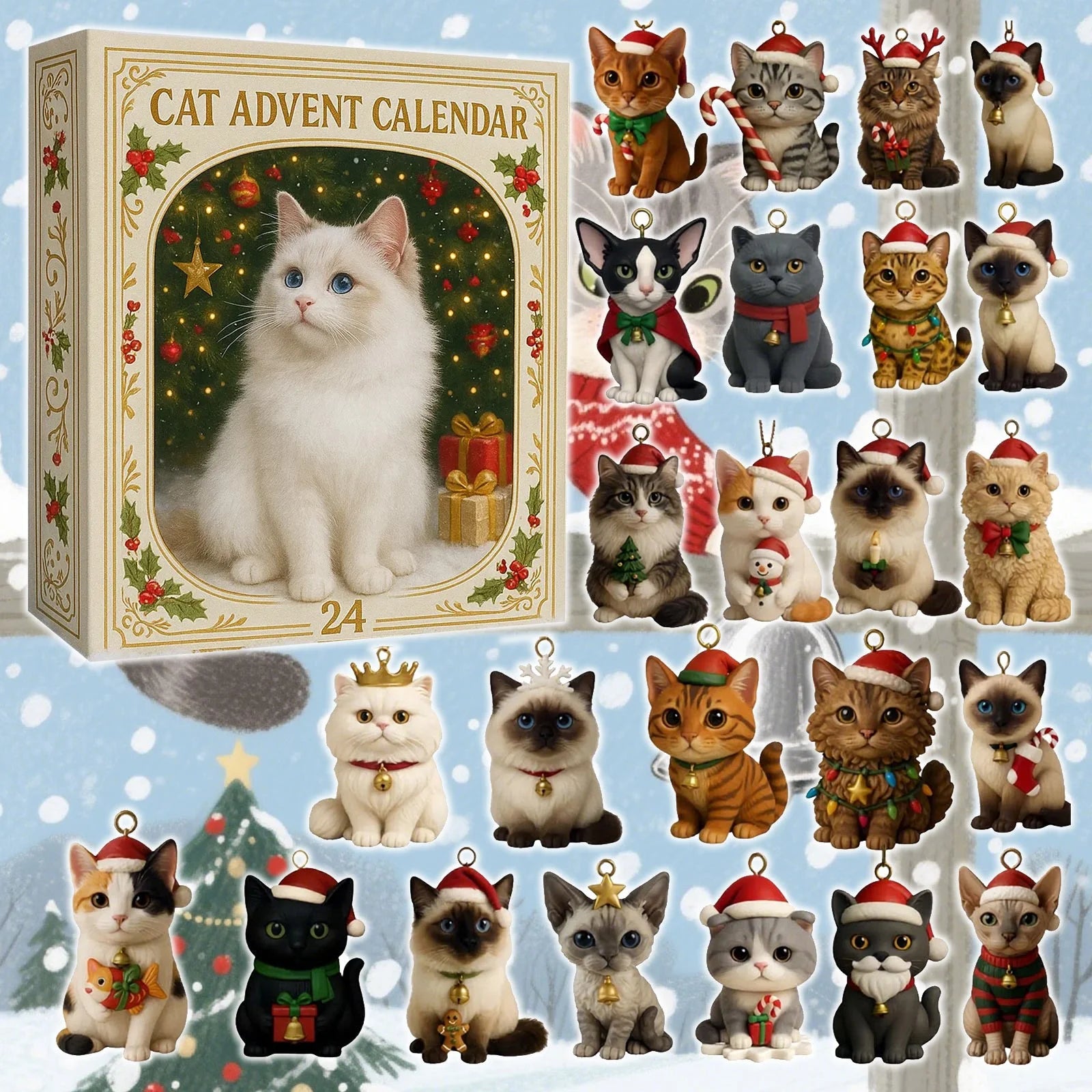 Cat Lovers Advent Calendar 2025, 24 Days Christmas Countdown with 24 Popular Cat Breeds, 2D Acrylic Cat Ornaments, Holiday Gift for Cat Enthusiasts & Collectors